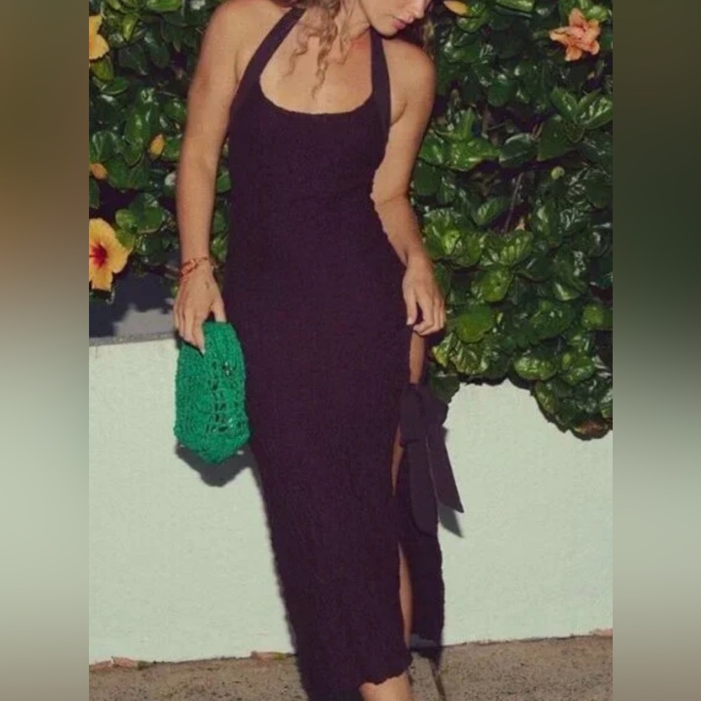 NWOT Free People Sea Foam textured midi dress bodycon tie neck and side slit - Picture 6 of 14